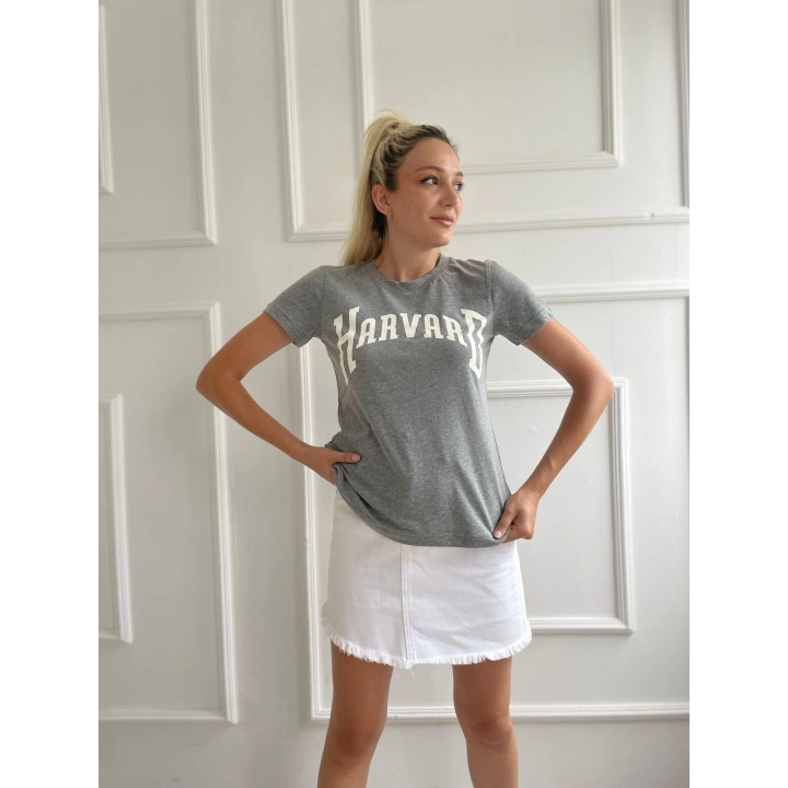 Kadın Basic Tişört Harvard Baskılı Gri