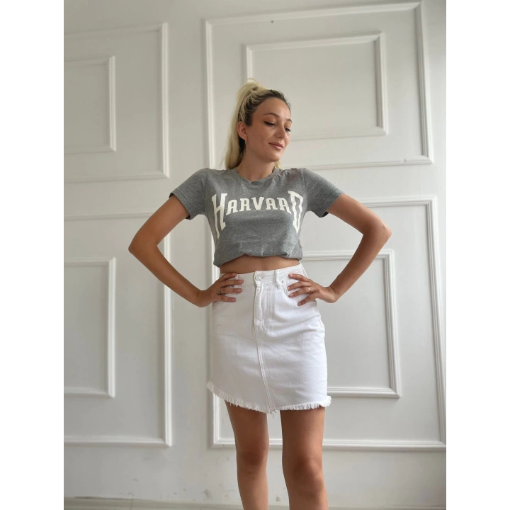 Kadın Basic Tişört Harvard Baskılı Gri