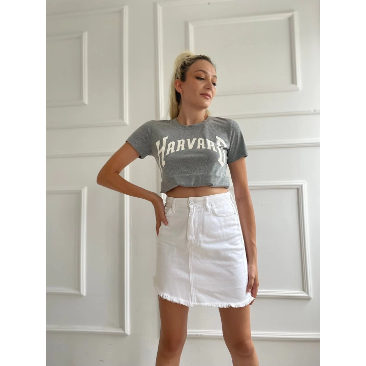 Kadın Basic Tişört Harvard Baskılı Gri