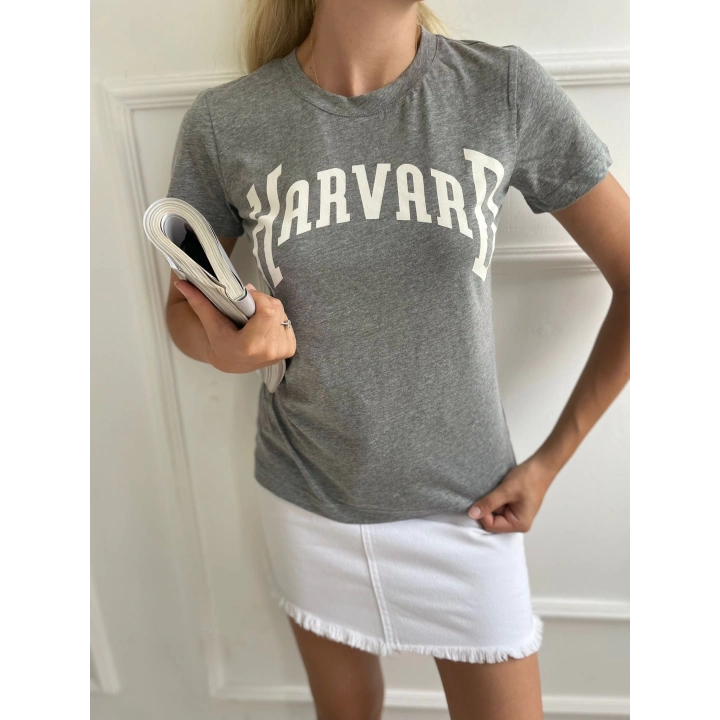 Kadın Basic Tişört Harvard Baskılı Gri