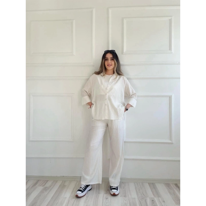 Kadın Krinkıl Kumaş Pantolon Ekru