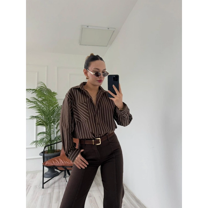 Kadın Çizgili Gömlek Kahve