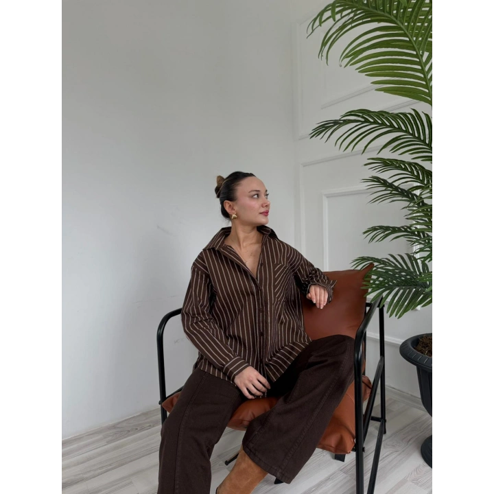 Kadın Çizgili Gömlek Kahve