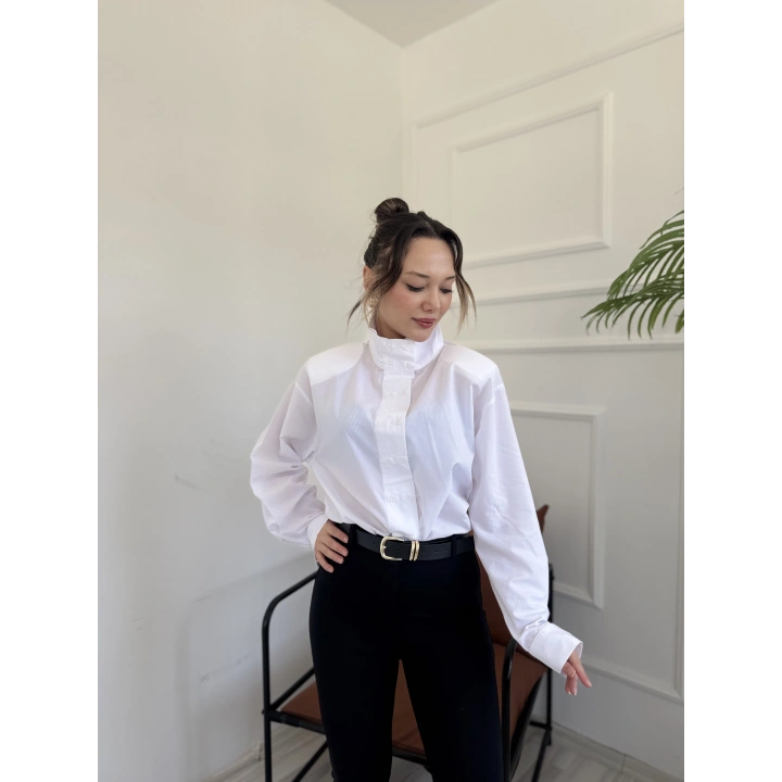 Kadın Oversize Dik Yaka Gömlek Beyaz