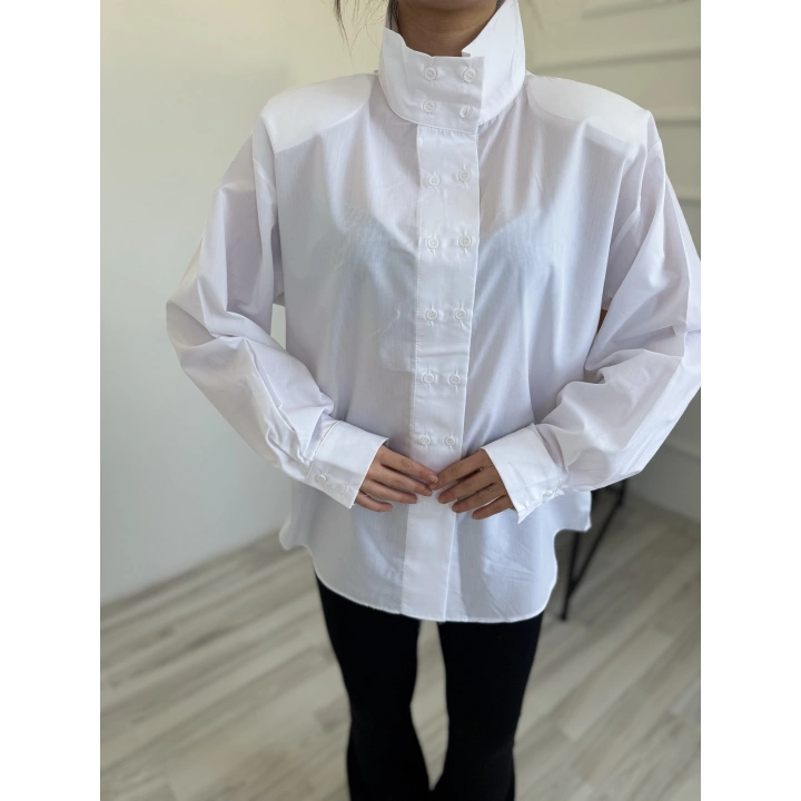 Kadın Oversize Dik Yaka Gömlek Beyaz