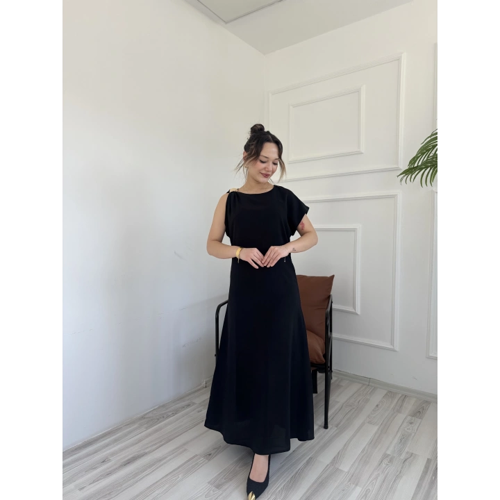 Kadın Omuzu Aksesuar Detaylı Elbise Siyah