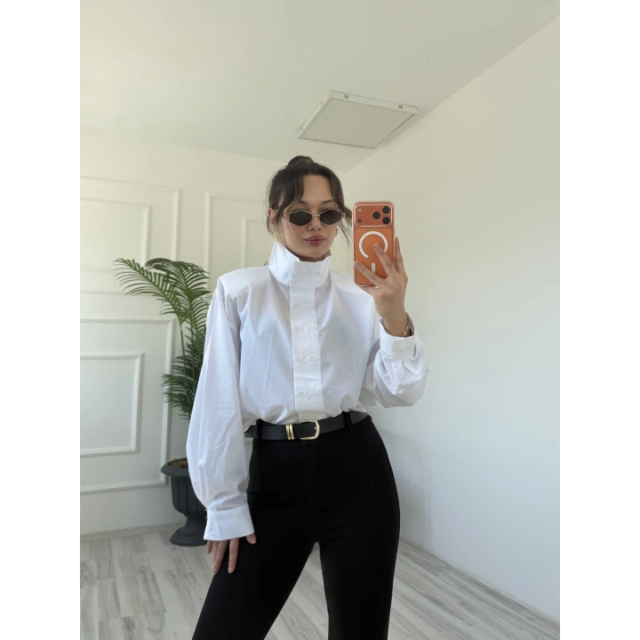 Kadın Oversize Dik Yaka Gömlek Beyaz