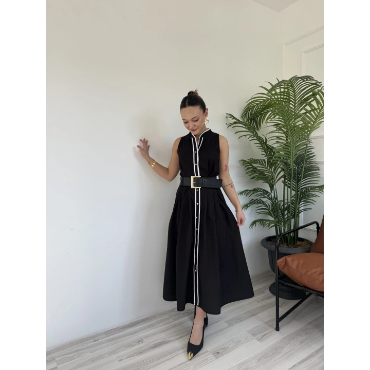 Kadın Kemerli Biye Elbise Siyah