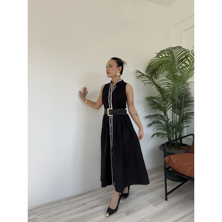 Kadın Kemerli Biye Elbise Siyah