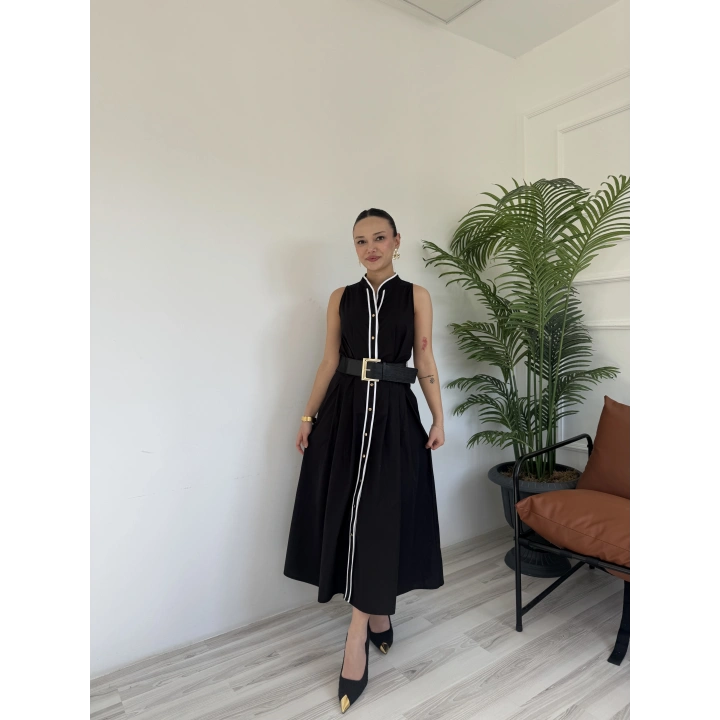 Kadın Kemerli Biye Elbise Siyah