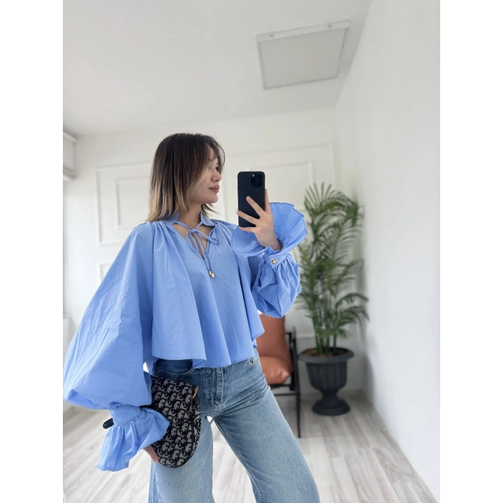 Kadın Vigoda Yakası Bağlamalı Gömlek Mavi