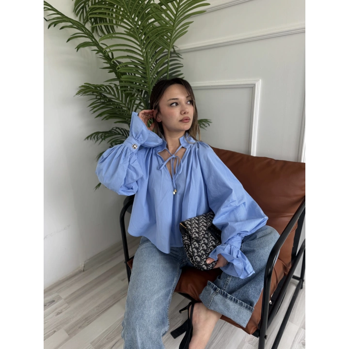 Kadın Vigoda Yakası Bağlamalı Gömlek Mavi