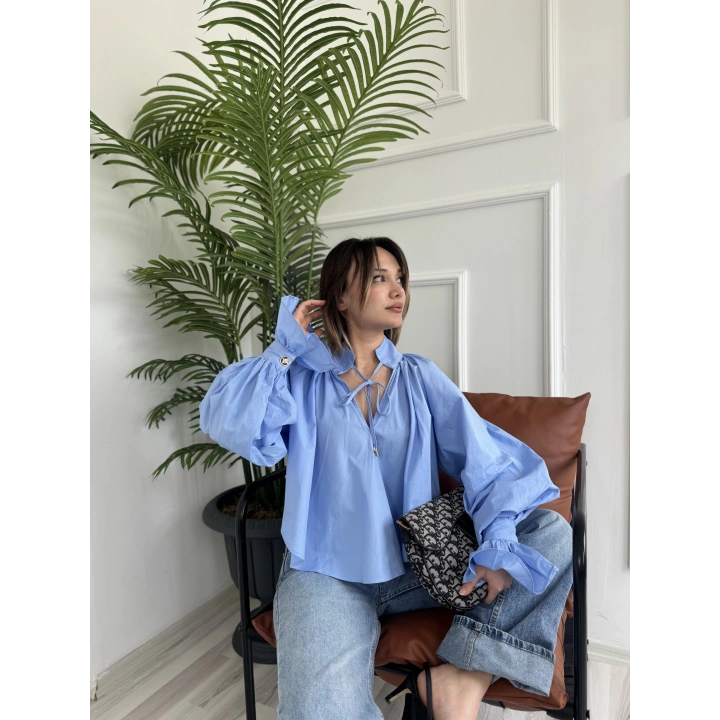 Kadın Vigoda Yakası Bağlamalı Gömlek Mavi
