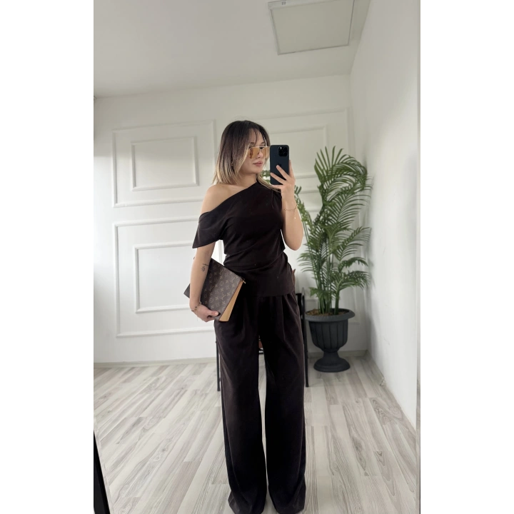 Kadın Sion Kayık Yaka Bluz Pantolon Takım Kahverengi