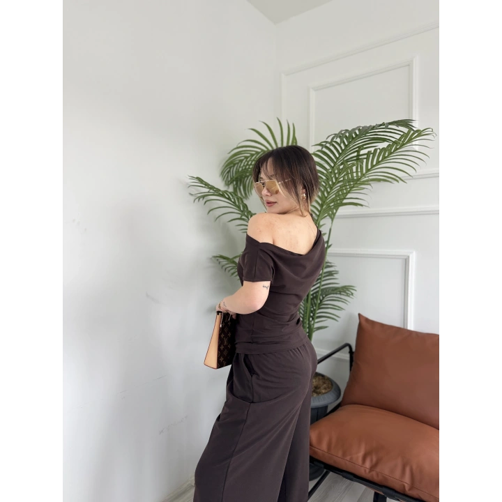 Kadın Sion Kayık Yaka Bluz Pantolon Takım Kahverengi