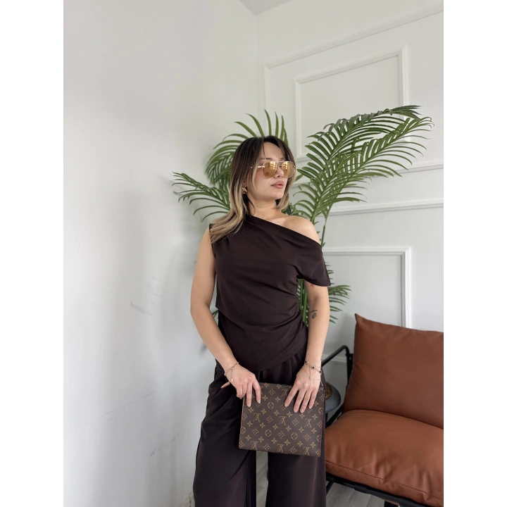 Kadın Sion Kayık Yaka Bluz Pantolon Takım Kahverengi