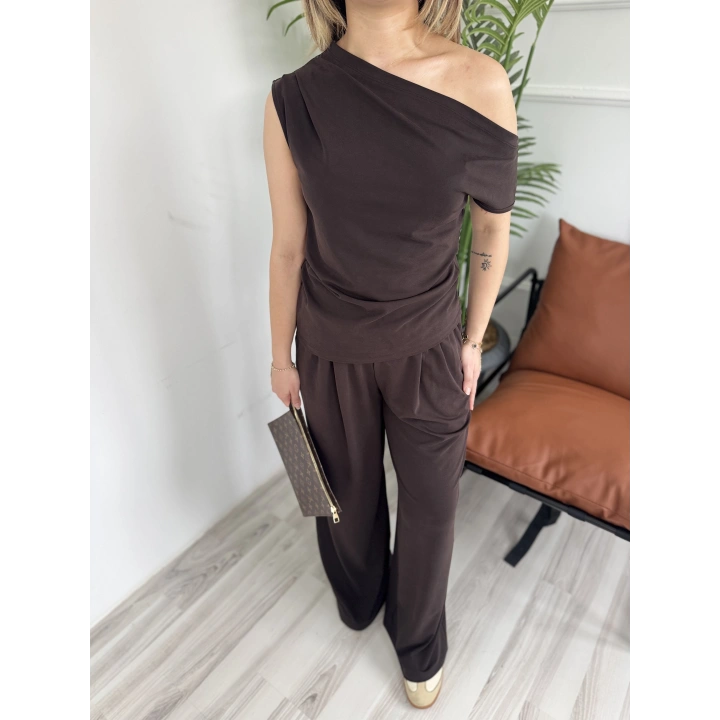 Kadın Sion Kayık Yaka Bluz Pantolon Takım Kahverengi