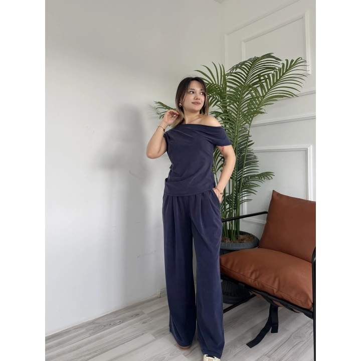 Kadın Sion Kayık Yaka Bluz Pantolon Takım Lacivert