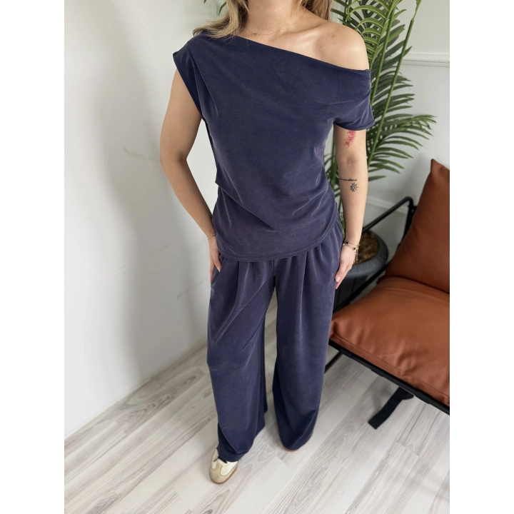 Kadın Sion Kayık Yaka Bluz Pantolon Takım Lacivert