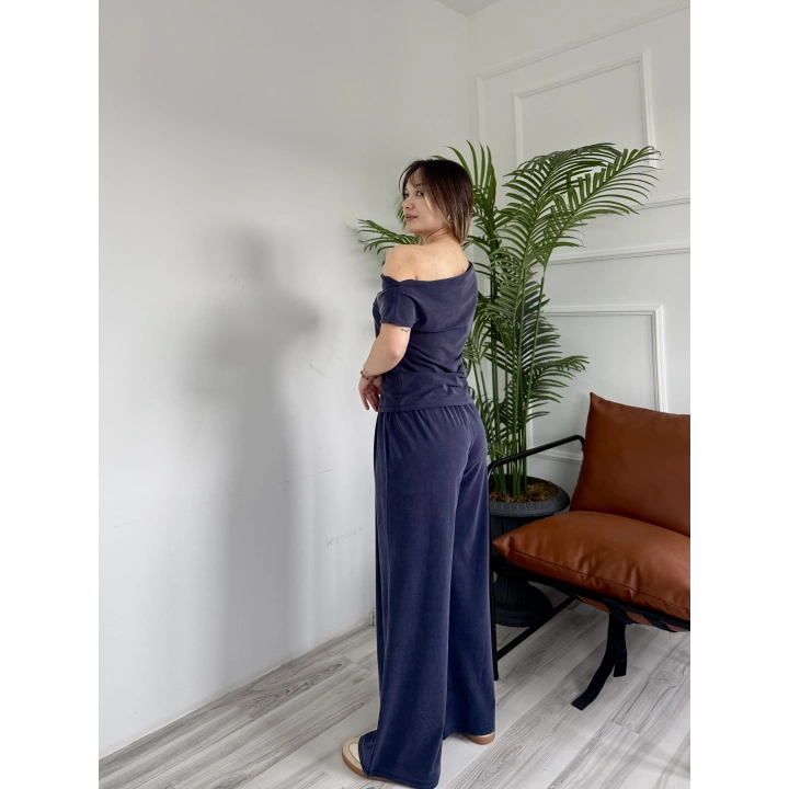 Kadın Sion Kayık Yaka Bluz Pantolon Takım Lacivert