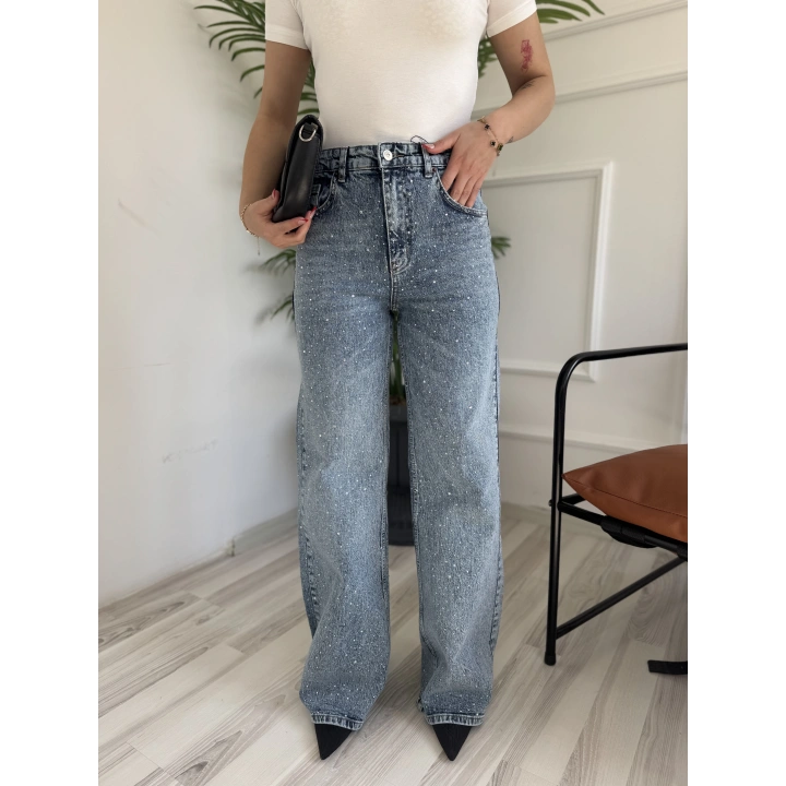 Kadın Wide Leg Taşlı Jean Mavi