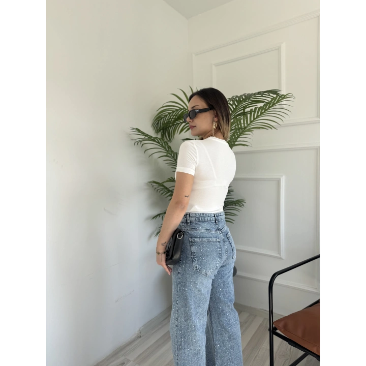 Kadın Wide Leg Taşlı Jean Mavi