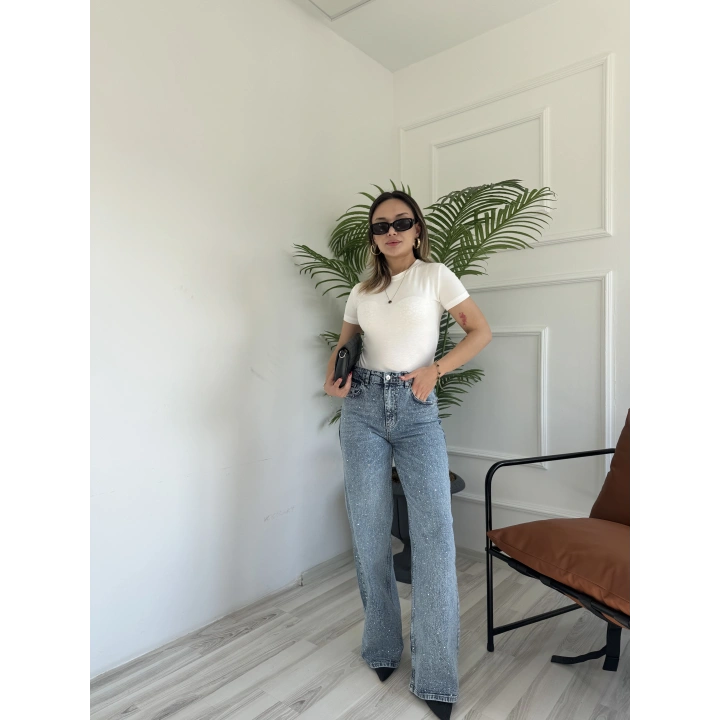 Kadın Wide Leg Taşlı Jean Mavi