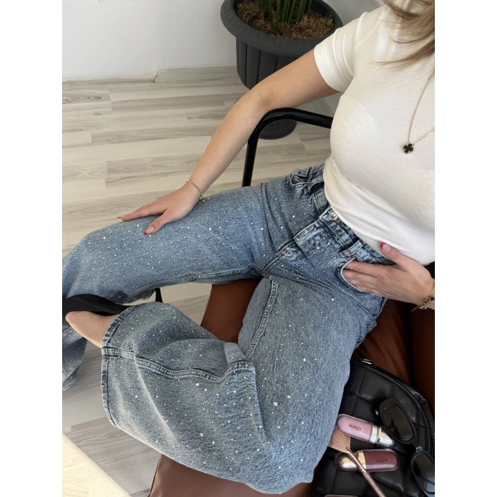 Kadın Wide Leg Taşlı Jean Mavi
