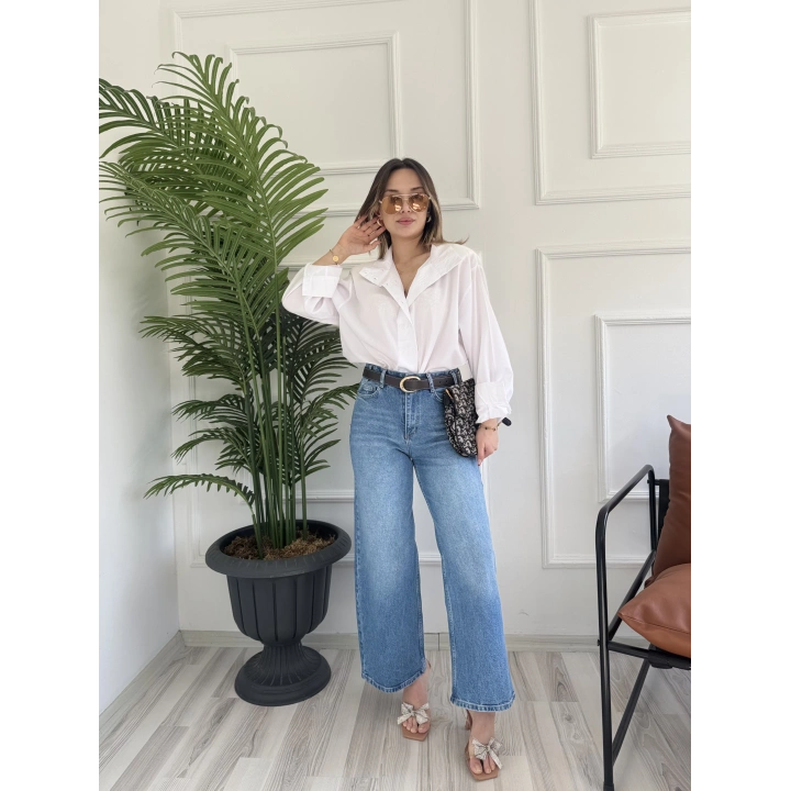 Kadın Wide Leg Kemerli Mavi Jean