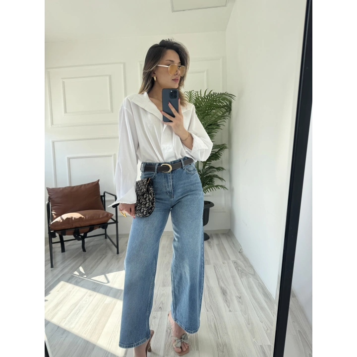Kadın Wide Leg Kemerli Mavi Jean