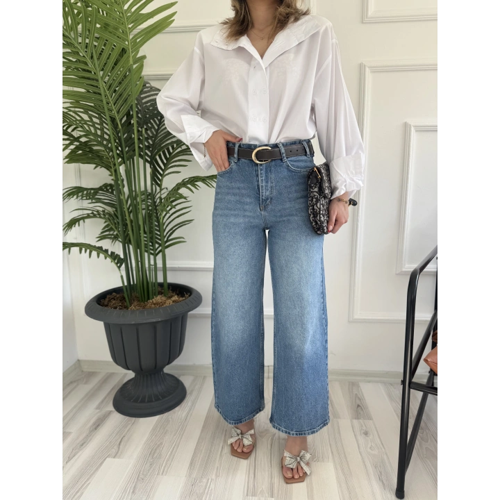 Kadın Wide Leg Kemerli Mavi Jean