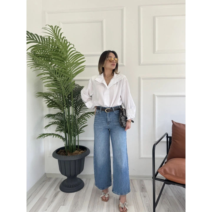 Kadın Wide Leg Kemerli Mavi Jean