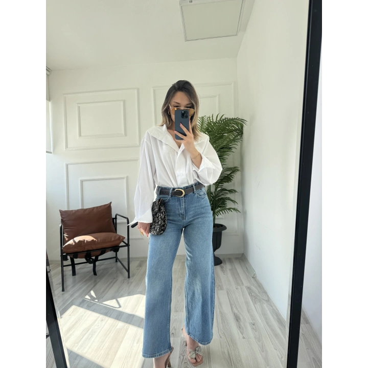 Kadın Wide Leg Kemerli Mavi Jean