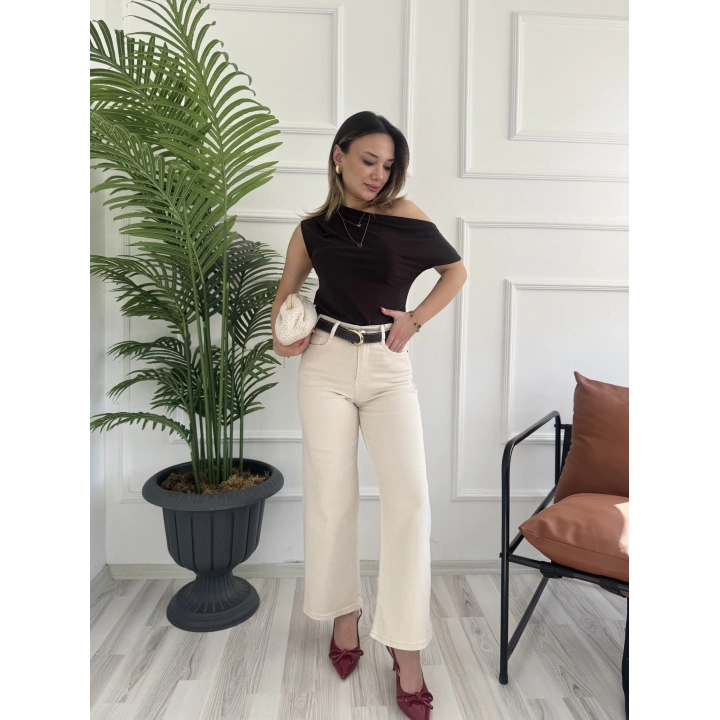 Kadın Wide Leg Kemerli Bej Jean