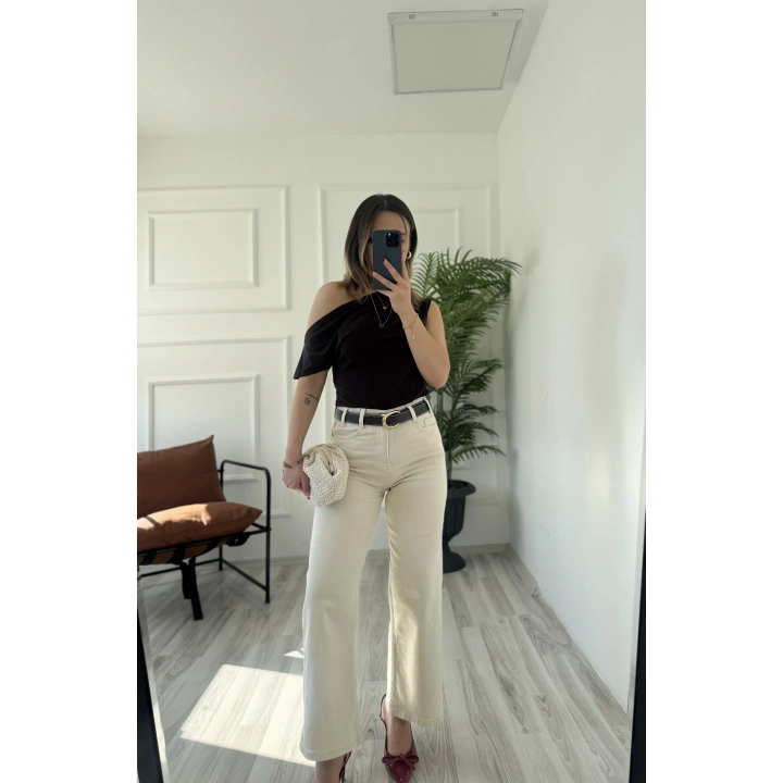 Kadın Wide Leg Kemerli Bej Jean