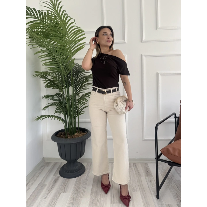 Kadın Wide Leg Kemerli Bej Jean