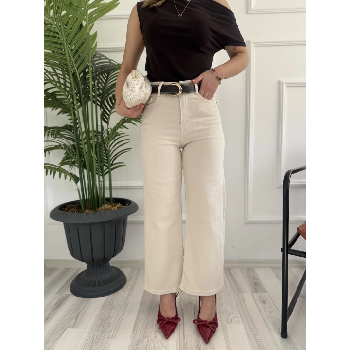 Kadın Wide Leg Kemerli Bej Jean