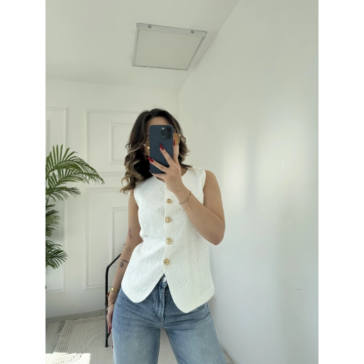 Kadın Aksesuar Detaylı Dantelli Yelek Ekru