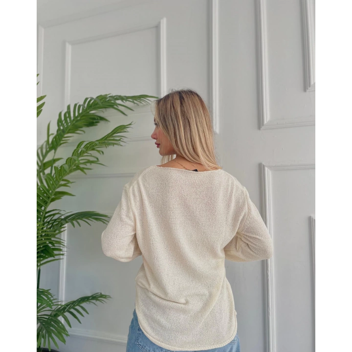 Kadın Açık Yaka Uzun Kol Triko Krem