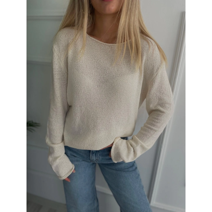 Kadın Açık Yaka Uzun Kol Triko Krem