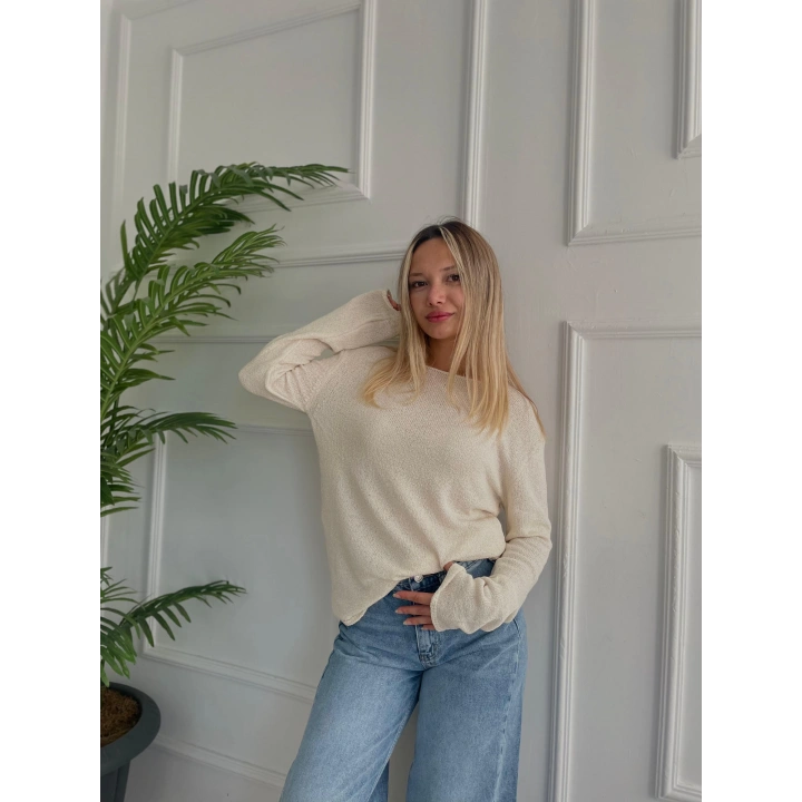 Kadın Açık Yaka Uzun Kol Triko Krem
