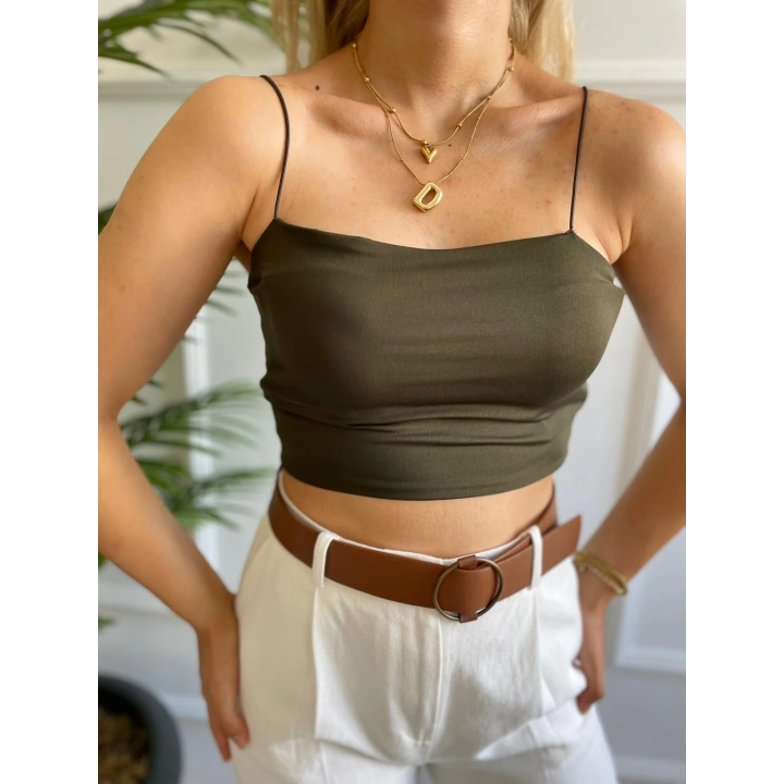 Kadın Askılı Haki Crop