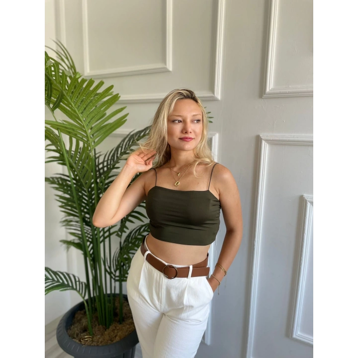 Kadın Askılı Haki Crop
