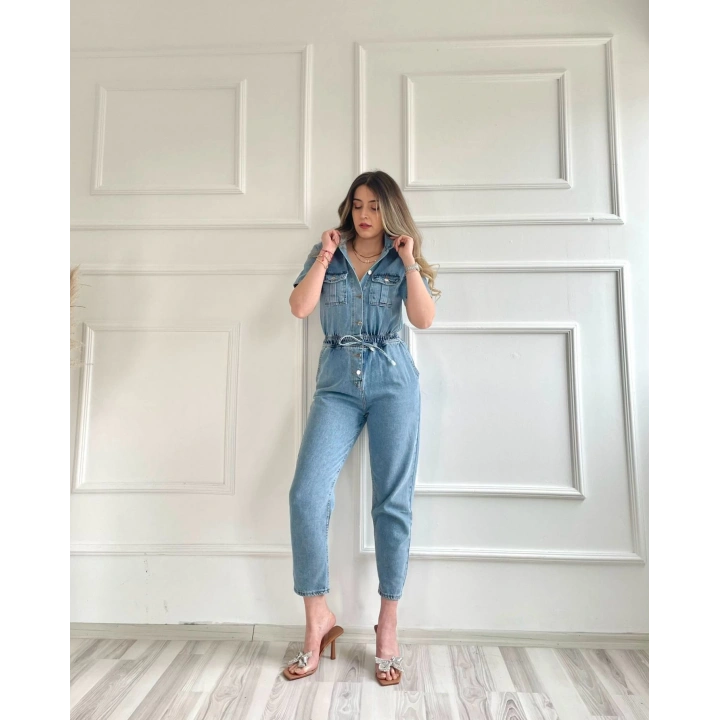 Kadın Bağcık Detaylı Kot Tulum Buz Mavi
