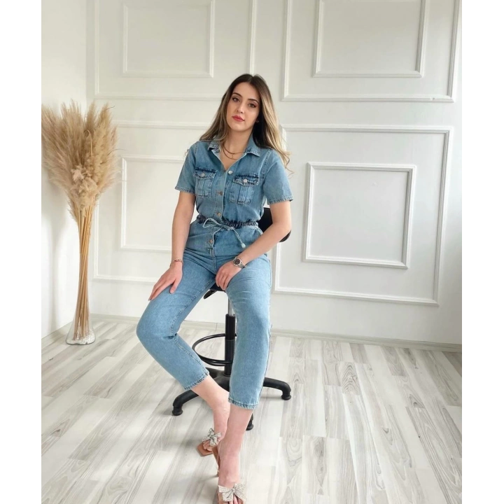 Kadın Bağcık Detaylı Kot Tulum Buz Mavi