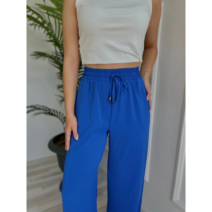 Kadın Bağlama Detaylı Pantolon Saks Mavisi