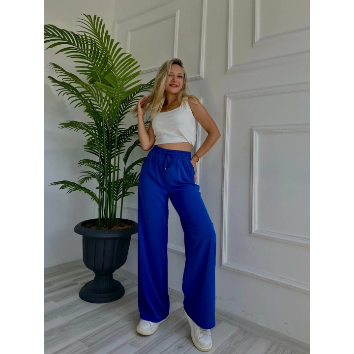 Kadın Bağlama Detaylı Pantolon Saks Mavisi