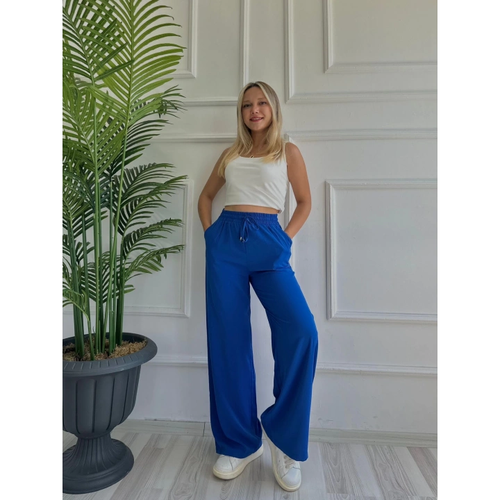 Kadın Bağlama Detaylı Pantolon Saks Mavisi