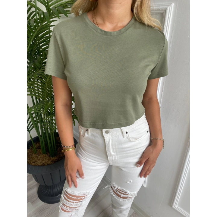 Kadın Basic Crop Tshirt Haki