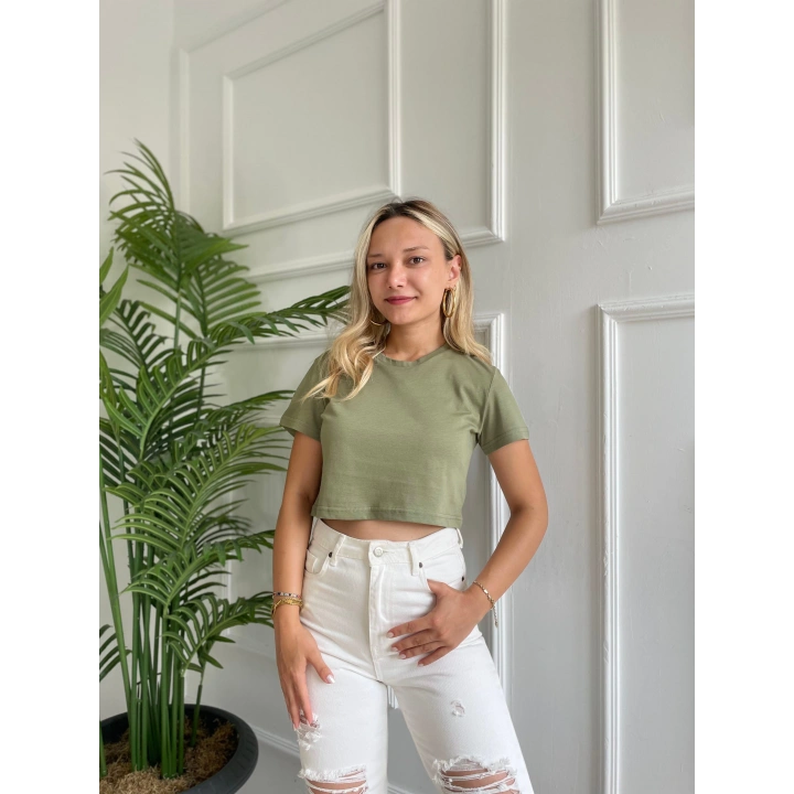 Kadın Basic Crop Tshirt Haki